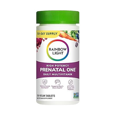 Reviews Rainbow Light Prenatal One High Potency Daily Multivitamin with Folate, Ginger and Probiotics; Supports Mom and Baby from Conception to Nursing; Vegan, 150 Tablets,* Pack May Vary